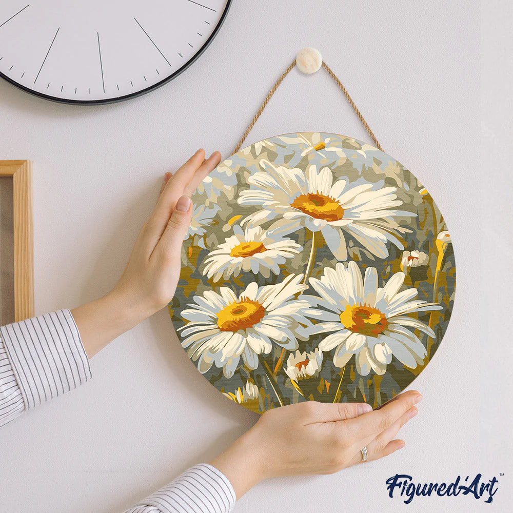 Peinture par numéro sur disque bois - Champ de Marguerites
