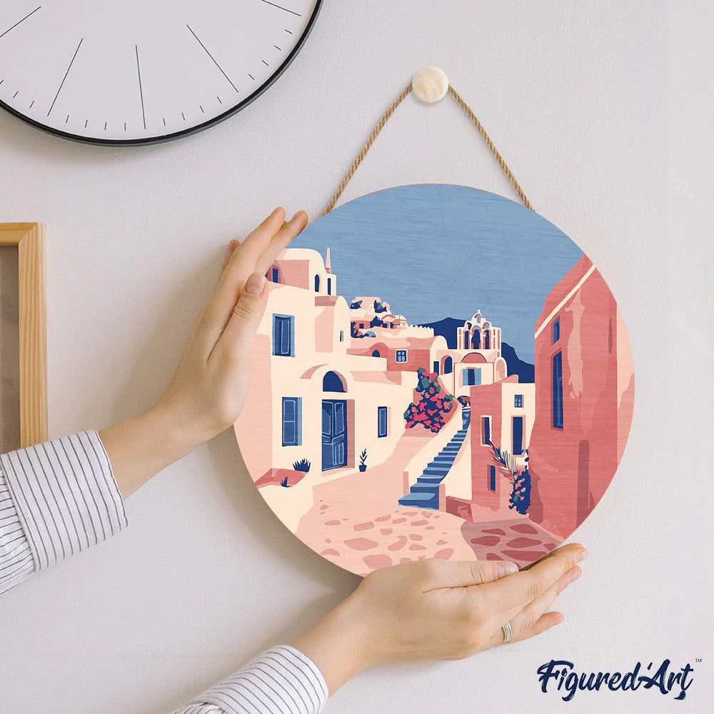 Peinture par numéro sur disque bois - Santorin