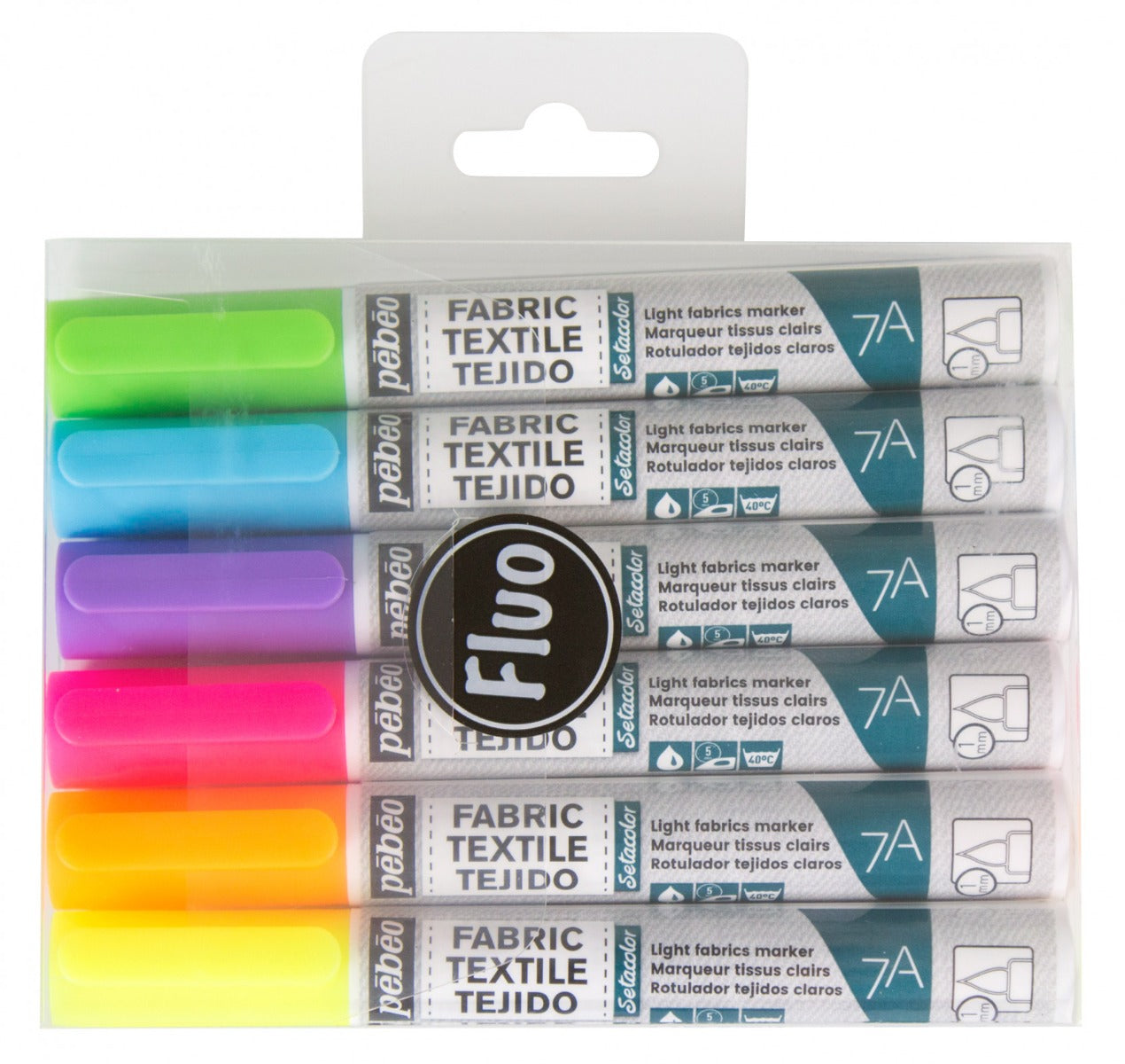 7a Color - Etui 6 marqueurs 1mm tissus clairs - Couleurs fluos
