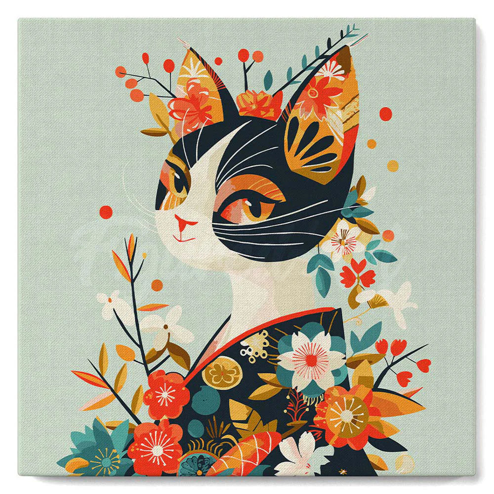Peinture par numéro 20x20 - Chat floral en kimono