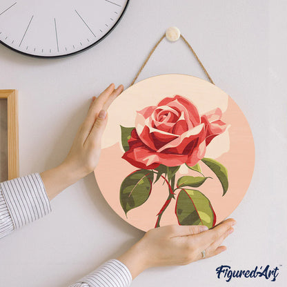 Peinture par numéro sur disque bois - Superbe rose