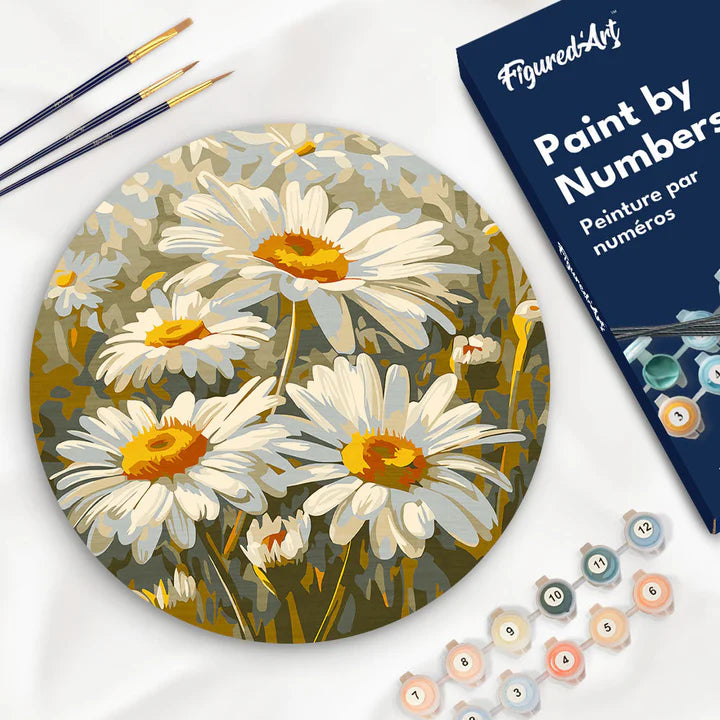 Peinture par numéro sur disque bois - Champ de Marguerites