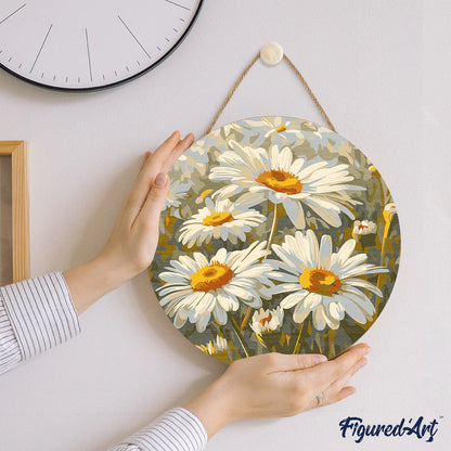 Peinture par numéro sur disque bois - Champ de Marguerites