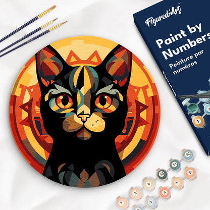Peinture par numéro sur disque bois - Chat art déco