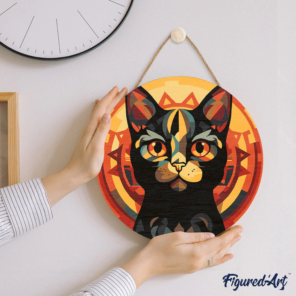 Peinture par numéro sur disque bois - Chat art déco