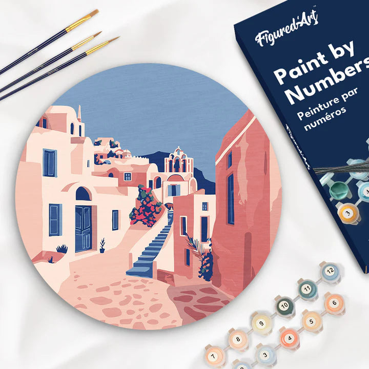 Peinture par numéro sur disque bois - Santorin