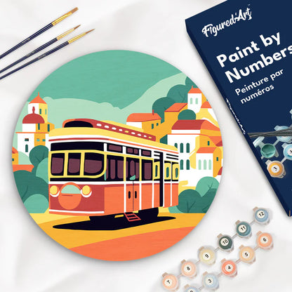 Peinture par numéro sur disque bois - Tramway