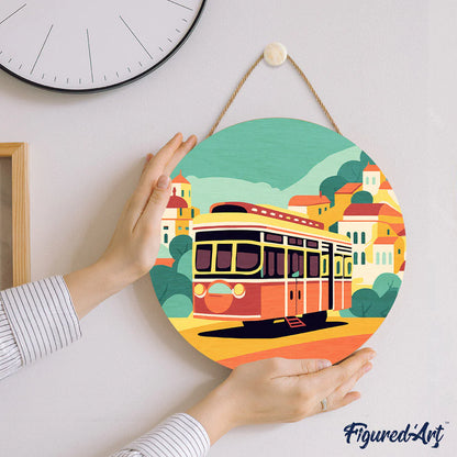 Peinture par numéro sur disque bois - Tramway